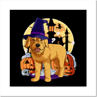 Goldendoodle Witch Halloween Pumpkin Posters and Art